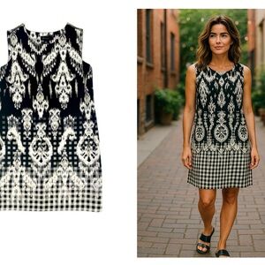 AB Studio Sheath Dress Women’s Size 8 Aztec Print White Black Tan Sleeveless